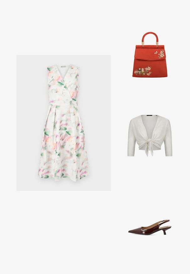 Hvid cropped cardigan med trekvartlange ærmer, bundet i en knude foran, lavet af letstrikket stof.; Ærmeløs hvid midi-kjole med pastel akvarelblomstret print, V-hals omslagsbodice, tætsiddende talje og plisseret nederdel.; Bianco Kitten heels BIAKRISTIN - Pumps - burgundy; Rød ruskinds håndtaske med en struktureret form, udstyret med et hanke og guldfarvet hardware. Broderede blomster- og fuglemotiver på forsiden.