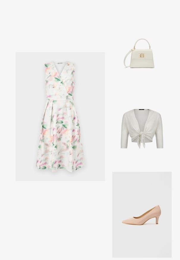Witte cropped cardigan met driekwartmouwen, vastgeknoopt aan de voorkant, gemaakt van lichtgewicht gebreide stof.; Mouwloze witte midi-jurk met pastel aquarel bloemenprint, V-hals wikkelbodysuit, getailleerde taille en geplooide rok.; Puntige, gepatenteerde roze hoge hak met een lage hak, met een gladde, glanzende afwerking en een subtiele open V-vormige snit aan de voorkant.; Kleine witte handtas met bovenhandvat, afneembare schouderriem en gouden rechthoekige sluiting op de voorflap.