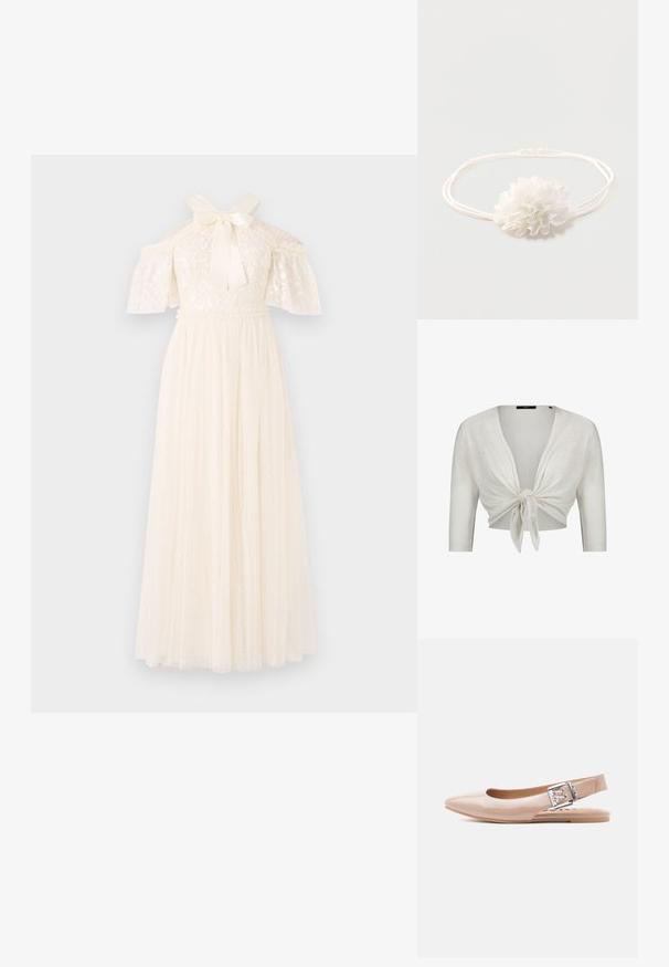 Hvid cropped cardigan med trekvartlange ærmer, bundet i en knude foran, lavet af letstrikket stof.; Elfenbenkjole med blonder på overkroppen, off-the-shoulder ærmer og båndsløjfe ved halsen. Skørtet er lavet af blødt stof med en prikket tekstur.; Nude laklæder slingback-flade sko med spids tå, justerbar spænde i sølvfarve og flad gummisål. Jævn tekstur overalt.; Hvid elastisk pandebånd med en blød stofblomst dekoration centreret på en ensfarvet lys baggrund.