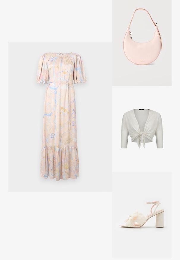 Hvid cropped cardigan med trekvartlange ærmer, bundet i en knude foran, lavet af letstrikket stof.; Maxikjole i blødt stof med puffærmer, en sammensamlet halsudskæring, pastelfarvede blomsterprint og en bølget kant. Med bånd langs taljen.; Kvinders højhælede sandal i creme. Har en tekstureret sløjfe detalje, åben tå og en tyk blokhæle med ribbet design. Justerbar ankelrem.; Lyserød håndtaske i halvmåneform med enkelt buet rem og gyldent lynlås, med lille gyldent "Furla" logo nederst i midten.