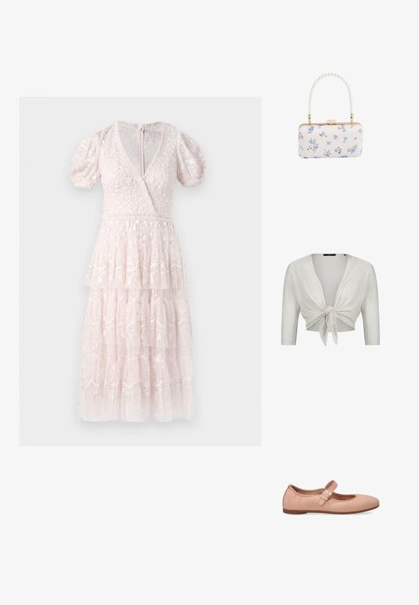 Hvid cropped cardigan med trekvartlange ærmer, bundet i en knude foran, lavet af letstrikket stof.; Lyserød, lagdelt kjole med pufærmer, V-udskæring og intrikate blomsterbroderier. Lavet af et struktureret, let materiale. Lynlås bagpå.; Lyserøde læderballetsko med rund tå og en enkelt justerbar spændeoverdel henover buen. Flad gummisål. Glat tekstur.; Hvid rektangulær clutch med blåt blomsterprint og perlebehandlet håndtag med guldfarvet hardware og lås.