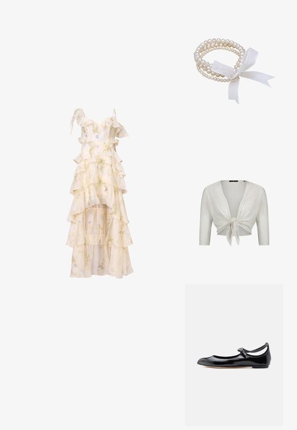 Hvid cropped cardigan med trekvartlange ærmer, bundet i en knude foran, lavet af letstrikket stof.; Blomstret kjole med lagdelte volanger, spaghetti stropper og en høj-lav kant. Fremstillet af let, flydende stof i blød creme og pastelfarver.; Sort laklæder Mary Jane flad sko med rundet tå, tynd ankelstrop og lille sølvspænde på hvid baggrund.; Hvid perlearmbånd med flere tråde, der har forskellige størrelser af perler. Bundet med en gennemsigtig hvid båndsløjfe.