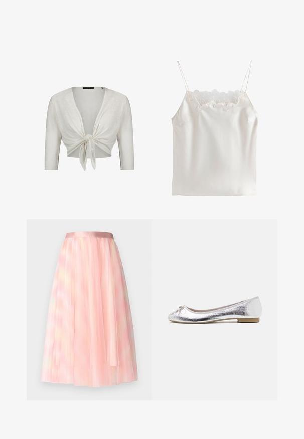 Hvid cropped cardigan med trekvartlange ærmer, bundet i en knude foran, lavet af letstrikket stof.; Hvid satin camisole med tynde stropper og blomsterblonde langs den firkantede udskæring.; Ida Sjöstedt FLAWLESS SKIRT - A-snit nederdel - pink; Sølv balletflade med metallisk finish, rund tå, sløjfeaccent foran og en lav hæl for ekstra komfort.