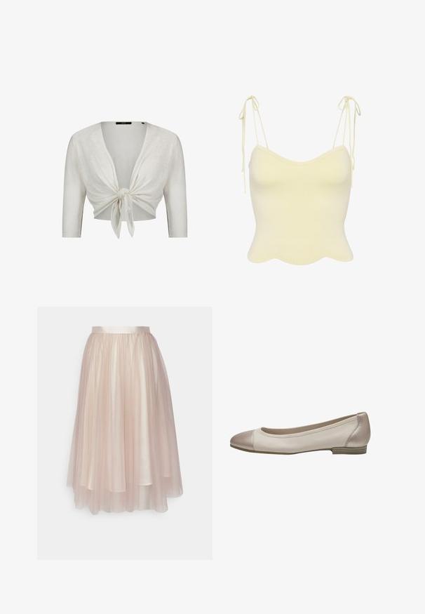 Cardigan blanc court avec manches trois-quarts, noué devant, en tissu tricot léger.; Haut court en maille côtelée couleur crème avec bretelles nouées réglables et ourlet festonné.; Ida Sjöstedt FLAWLESS SKIRT - Jupe trapèze - warm beige; Ballerines en cuir crème avec un élégant embout beige. Forme arrondie, petit talon et détails de couture subtils le long du bord.