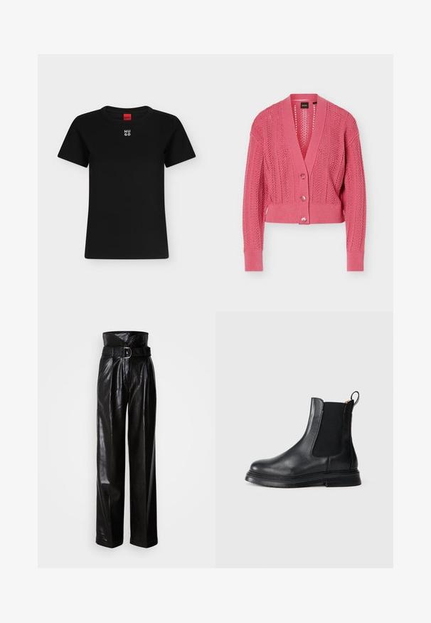 Cardigan rose en tricot avec manches longues, col en V, trois boutons et motif en dentelle texturée sur toute la surface.; T-shirt noir à manches courtes avec col rond et logo blanc "HUGO" centré près du col, étiquette rouge à l'intérieur de l'encolure.; Pantalon en cuir noir à taille haute, jambes larges, avec une ceinture texturée ornée d'une boucle argentée. Fini lisse et brillant.; Bottines Chelsea en cuir noir avec des panneaux latéraux élastiques, bout arrondi et semelle en caoutchouc noir texturé. Dispose d'une languette pour un enfilage facile.