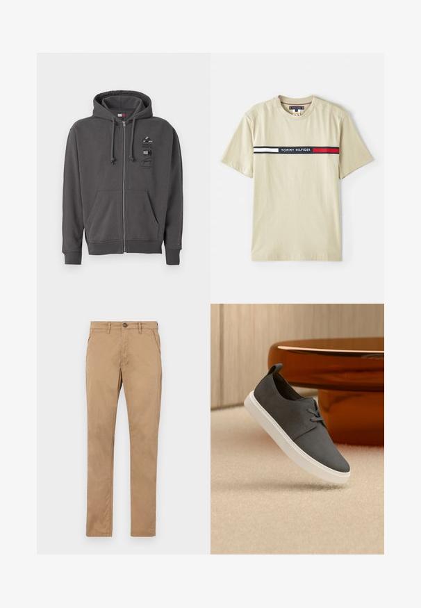 Sweat à capuche gris zippé avec cordon de serrage, poches avant, poignets côtelés et un logo graphique sur la poitrine. Tissu doux et texturé.; T-shirt en coton beige à manches courtes, avec une bande horizontale bleu marine, rouge et blanche portant le texte "TOMMY HILFIGER" sur le devant.; Chinos beige à jambes droites en coton. Présentent un bouton à l'avant, une fermeture éclair, et des poches latérales avec une texture lisse et sans motifs visibles.; Baskets décontractées gris foncé avec une semelle blanche, flottant au-dessus d'un tapis beige, avec une table basse en verre marron brillant en arrière-plan.