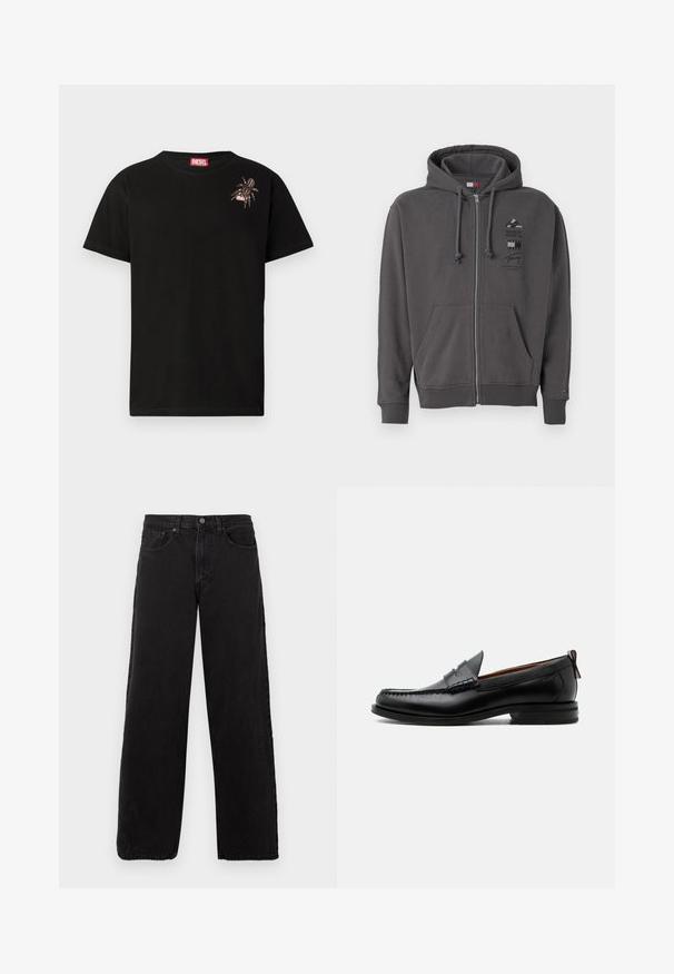 Graue Zip-Hoodie mit Kapuze mit Kordelzug, Fronttaschen, gerippten Bündchen und einem Logo-Graphic auf der Brust. Weicher, strukturiert Stoff.; Schwarzes Baumwoll-T-Shirt mit kurzen Ärmeln, das ein dekoratives Spinnennetz-Design auf der linken Brust sowie ein rotes Diesel-Logo-Label am Kragen aufweist.; Schwarze Denim-Jeans mit geradem Bein, fünf Taschen und Knopfverschluss. Strukturierter Stoff und minimalistisches Design.; Schwarzer Leder-Herrenschuh mit Mokassinnaht, Penny-Riemen, strukturiertem Kragen und niedrigem gestapeltem Absatz auf weißem Hintergrund.
