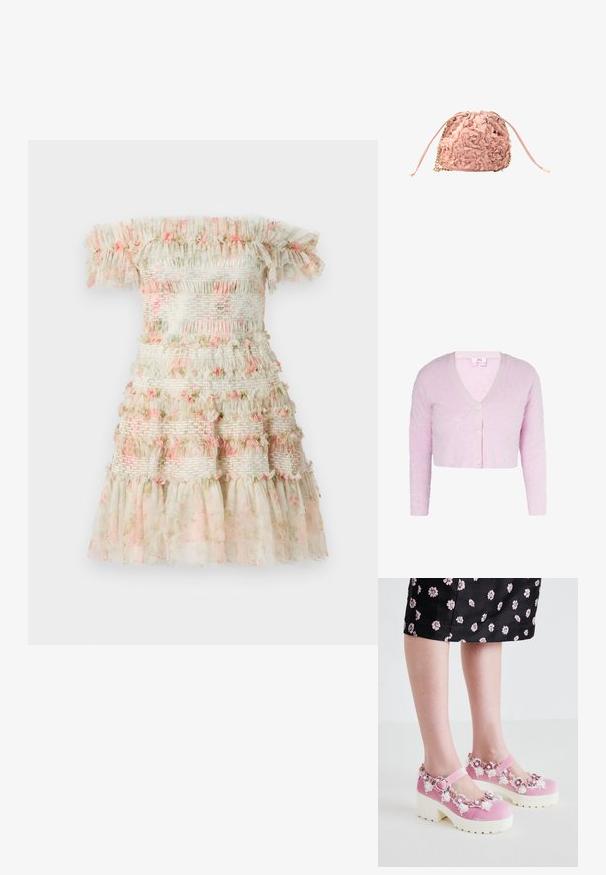 Cardigan court duveteux rose clair à manches longues avec trois boutons assortis devant, col en V.; Robe décolletée en crème claire avec des volants superposés et des détails floraux roses. Elle dispose de bandes élastiques froncées pour un look texturé.; Des chaussures Mary Jane en velours rose avec des semelles plates blanches, ornées d'appliqués floraux et de détails en dentelle autour de l'ouverture et de la bride à la cheville.; Sac à cordon rose avec appliques florales texturées et accents en chaîne dorée sur fond blanc.