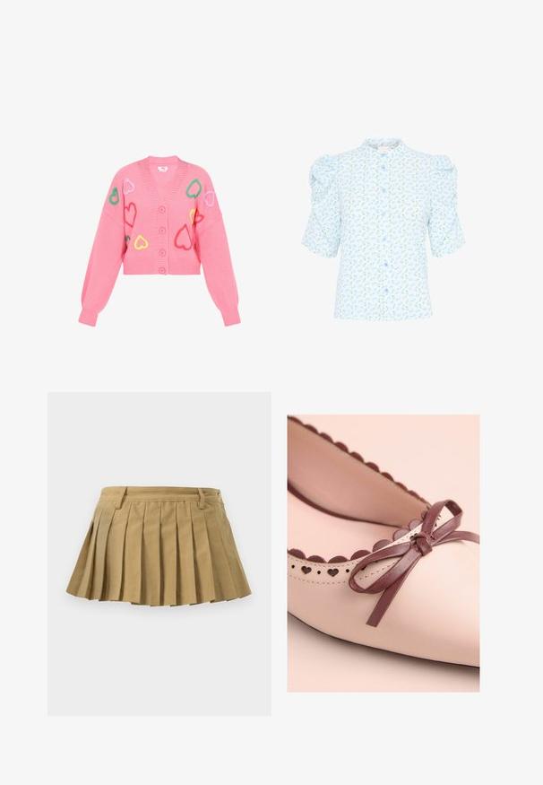 Roze cropped cardigan met een v-hals, voorzien van kleurrijke hartapplicaties in groen, geel en lavendel. Brei-textuur en vijf knopen.; Korte mouwen blouse met hoge kraag, lichtblauwe stof met kleine bloemenpatronen in groen en blauw, en knoopsluiting.; Plissé rok in lichtbruine stof, met een aansluitende tailleband, meerdere plooien en een rechte onderrand. Geen zichtbare sluitingen of accenten.; Lichtroze leren balletschoenen met maroon strikdetail en gegolfde rand. Voorzien van hartvormige uitsparingen langs de bovenkant.