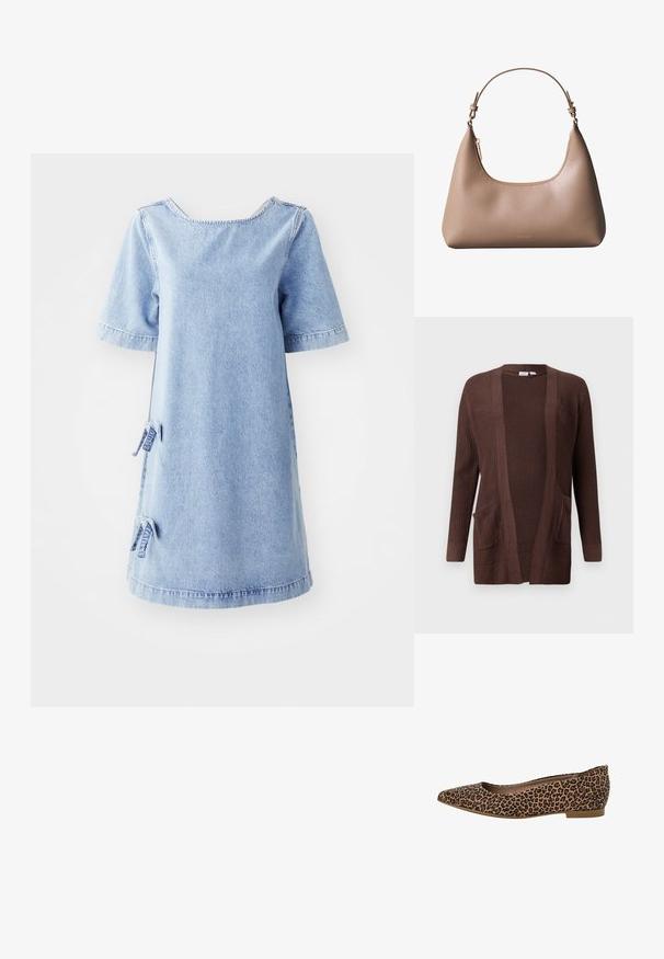 Brun strikket cardigan med tekstureret ribstruktur, åben front, to forlommer og lange ærmer. Velegnet til lagdeling og afslappet brug.; Lyseblå denimkjole med korte ærmer, firkantet halsudskæring og sidesnøring. Særlig afslappet pasform og rå kantdetaljer.; Leopardmønstret flad sko med spids tå, lavet af blødt materiale, med en lav hæl og en glat indvendig foring.; Beige skuldertaske i læder med kort håndtag, buet toplynlås og minimalistisk Calvin Klein-logo foran.