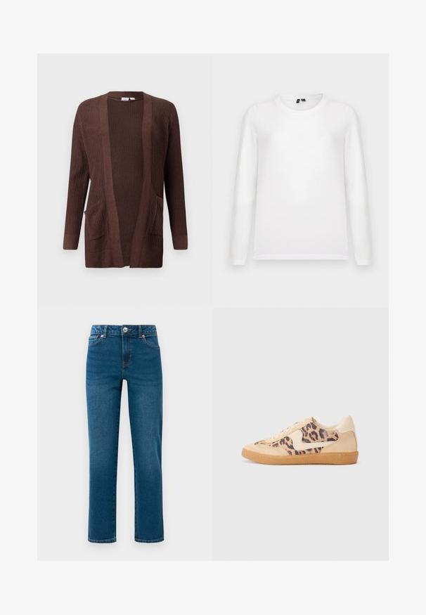 Cárdigan de punto marrón con acanalado texturizado, delantero abierto, dos bolsillos frontales y mangas largas. Adecuado para superponer y uso casual.; Camisa blanca de manga larga con cuello redondo, colocada plana y con etiquetas de collar visibles, sobre un fondo gris claro.; Jeans de denim rectos azules con cinco bolsillos, cierre de botón y cremallera, y pasadores para cinturón, exhibidos sobre fondo blanco.; Zapatillas de leopardo con parte superior de ante beige, suela de goma marrón y acentos blancos. Punta redonda y diseño con cordones con un acabado texturado.