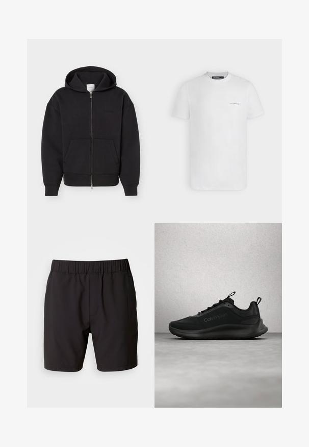 Sort lynlås-hoodie med forlommer, lange ærmer og hætte, vist på en ensfarvet lys baggrund.; Hvid t-shirt med korte ærmer og rund hals med lille sort Karl Lagerfeld-logo på venstre bryst.; Sorte shorts lavet af strækbart stof, med en elastisk talje, sidelommer og et simpelt, rent design. Ingen mønstre eller detaljer.; Sort Calvin Klein-sneaker med snørebånd, svævende over en grå poleret gulv nær en glasblokvæg og en hvid søjle.
