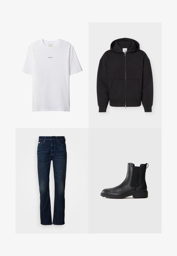 Sudadera negra con cremallera, bolsillos frontales, mangas largas y capucha, mostrada sobre un fondo claro y liso.; Camiseta blanca de algodón con cuello redondo y mangas cortas. Cuenta con un pequeño logo negro de "Calvin Klein" centrado en el pecho.; Jeans de mezclilla azul oscuro con un diseño de pierna recta, que presentan un desgaste sutil, un cierre de botón y un estilo clásico de cinco bolsillos.; Botín negro de cuero hasta el tobillo con paneles laterales elásticos, tirador en el talón y suela baja de bloque sobre un fondo liso.