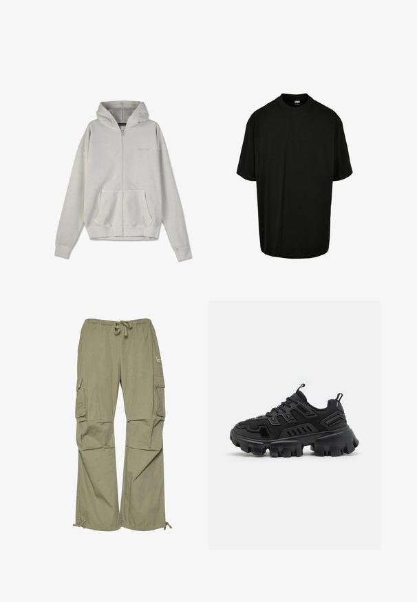 Hellegrauer Zip-Hoodie aus weichem Stoff, mit Eingrifftasche, Kapuze und gerippten Bündchen. Einfaches Design mit minimalen Details.; Schwarzes Baumwoll-T-Shirt mit Rundhalsausschnitt und kurzen Ärmeln, erhältlich in lockerer Passform. Glatte Textur, keine Muster oder Akzente sichtbar.; Cargo-Hosen in olivgrün, aus leichtem Stoff gefertigt, mit einem elastischen Bund, verstellbaren Bündchen und mehreren Seitentaschen.; Schwarzer Sportschuh mit strukturiertem Gummisohle, gestuften Designelementen und verstärkten Akzenten. Verfügt über Schnürsenkel und eine Schlaufe an der Ferse.