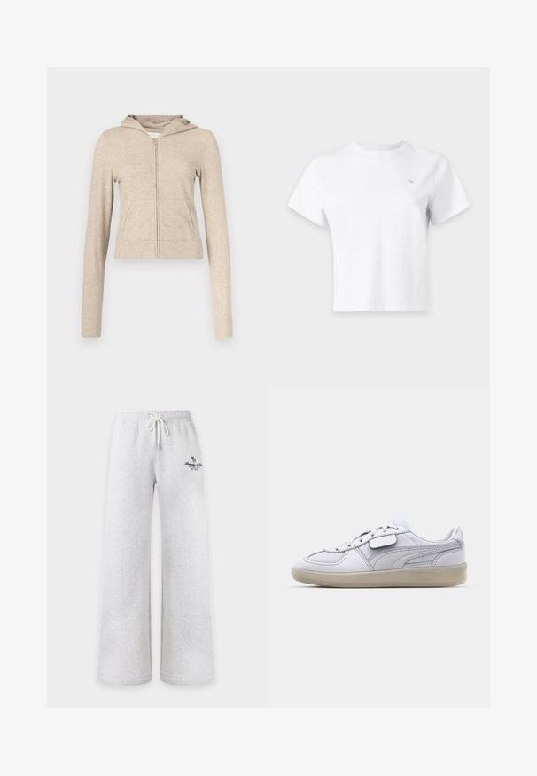 Sudadera con capucha beige con cremallera, bolsillo delantero, mangas largas y textura suave. Cuenta con capucha y puños y dobladillo acanalados.; Camiseta blanca de manga corta sencilla con cuello redondo y un pequeño logotipo azul claro en el lado izquierdo del pecho, mostrada sobre un fondo claro.; Pantalones de chándal gris claro de pierna ancha con cintura elástica ajustable y pequeño logo bordado en el muslo izquierdo. No hay personas ni fondo visibles.; Zapatilla blanca de cuero con acentos grises, cierre con cordones y una suela de goma texturizada. Presenta un logo prominente en el lateral.