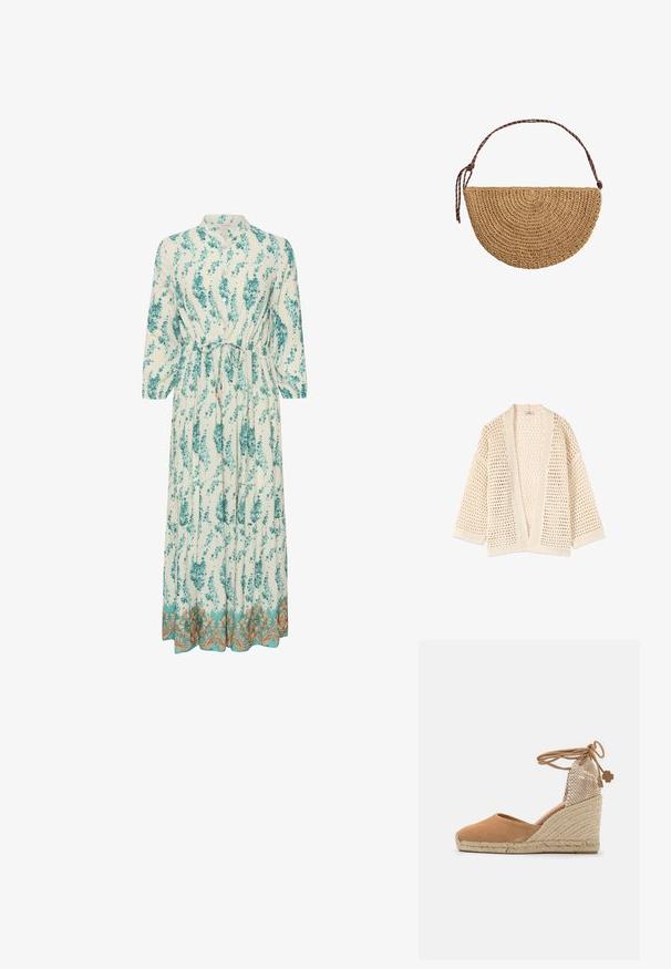 Beige avoin neulehuppari, jossa löysä kudontamalli ja kolme neljäsosaa hihat, suunniteltu rentoa istuvuutta varten.; Pitkä, vaalea mekko, jossa on teal- ja valkoinen kukkakuosi. Mekossa on korkea kaula-aukko, pitkät hihat ja koristeellinen kultareuna.; Tan suede wedge sandaalit, joissa on juuttikuidusta valmistettu pohja, avonaisen varpaan muotoilu ja punottu verkkotakakappale, jossa on nauhakiristys ja koristeelementti.; Puolikuun muotoinen punottu olkilaukku, jossa on ruskea säädettävä olkahihna, sidottu toisesta päästä, valkoisella taustalla.
