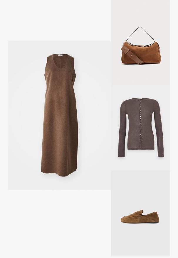 Bruine cardigan met lange mouwen, kleine witte knopen aan de voorkant en een ronde halslijn.; Mouwloos, knielang bruin wollen kleed met een ronde halslijn en een rechte, iets aangesloten snit.; Bruine suède loafer met een vlakke zwarte zool, gedetailleerd stiksel en een band over de bovenkant, gezien vanaf de zijkant tegen een lichtgrijze achtergrond.; Bruine suède schoudertas met een brede verstelbare leren band en een smalle handgreep, afgebeeld tegen een effen lichte achtergrond.