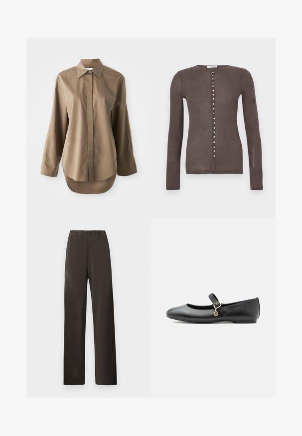 Brun langærmet cardigan med små hvide knapper foran og rund halsudskæring.; Brun langærmet skjorte lavet af glat stof, med spids krave, frontknaplukning, og en afrundet kant bagpå.; Mørkebrune bukser med lige ben og elastisk talje, uden synlige lommer eller pynt, vist mod en ensartet lys baggrund.; Sort Mary Jane-lædersko med flad sål, lille guldbælte og rund vedhæng på hvid baggrund.