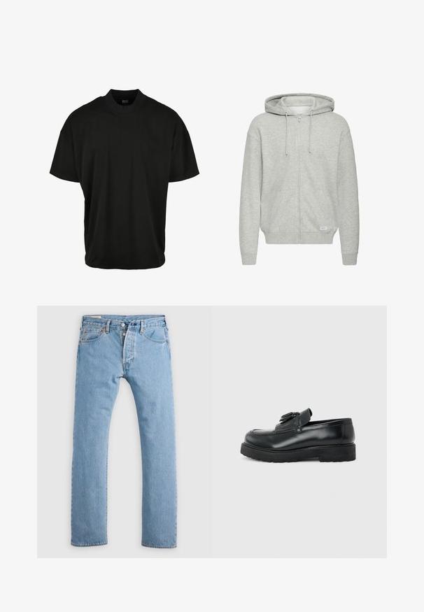 Vista frontal de una sudadera con capucha y cremallera de color gris claro, con textura suave, cordones ajustables y bolsillos laterales.; Camiseta de manga corta negra con diseño de cuello redondo, hecha de tela suave, que presenta un ajuste relajado y sin patrones o acentos visibles.; Jeans de mezclilla azul claro de pierna recta con cierre de botones, presillas para cinturón y bolsillos delanteros y traseros, mostrados sobre un fondo blanco.; Mocasín de cuero negro con borlas, suela de caucho gruesa y tacón bajo, mostrado de perfil sobre un fondo liso.