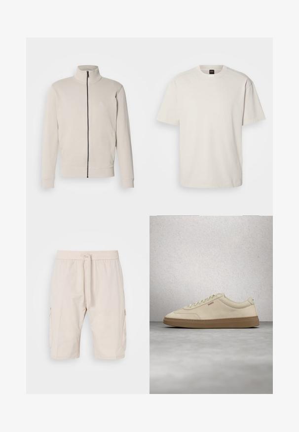 Lys beige zip-jakke med høj krave, ribbede manchetter og et lille logo på brystet. Blødt stof og strømlinet design.; Kortærmet, crew-neck t-shirt i off-white bomuld med lige snit og minimal branding på kraven. Blød tekstur, uden mønstre.; Beige cargoshorts med elastisk talje og snor, der har to sidelommer og et glat, let materiale.; Lyse beige ruskindssneaker med gummisål i farven gum, tydelige snørebånd og fine syningsdetaljer. Ren design med et minimalistisk æstetisk udtryk.