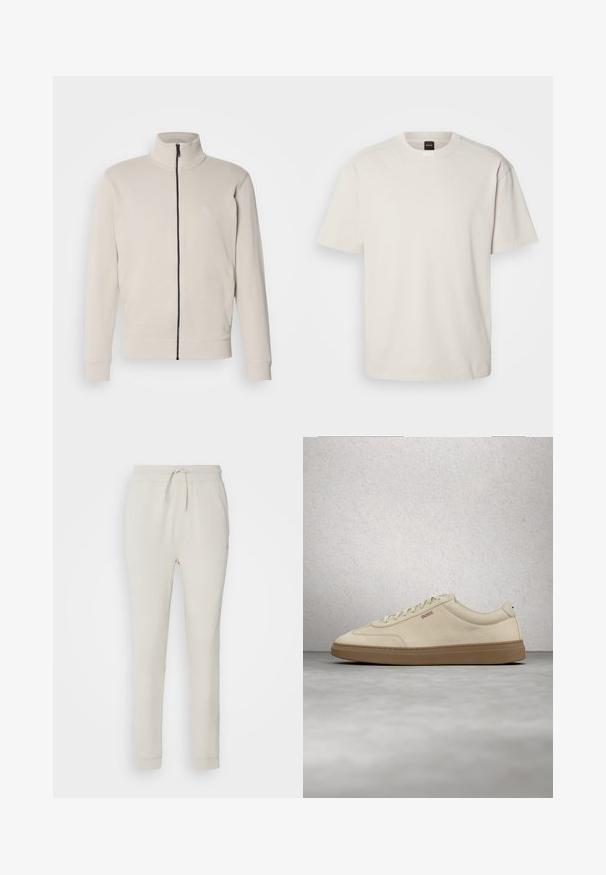Chaqueta cremosa con cremallera y cuello alto, puños de canalé y un pequeño logo en el pecho. Tejido suave y diseño aerodinámico.; Camiseta de manga corta y cuello redondo en algodón color blanco roto, con un corte recto y un logo minimalista en el cuello. Textura suave, sin patrones.; Pantalones deportivos de color beige claro, hechos de una suave tela texturizada. Cuentan con una cinturilla con cordón, puños acanalados y bolsillos laterales. Ajuste entallado.; Zapatilla de ante beige claro con suela de goma color caramelo, cordones prominentes y detalles de costura sutiles. Diseño limpio con una estética minimalista.
