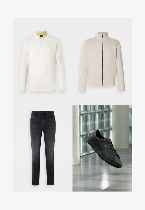 Hellebeige Zip-Jacke mit hohem Kragen, gerippten Bündchen und kleinem Logo auf der Brust. Weicher Stoff und elegantes Design.; Langärmliges Poloshirt in hellem Creme, aus weichem Baumwollmaterial. Verfügt über einen weißen Kragen, eine Zwei-Knopf-Leiste und ein dezentes Markenlogo auf der Brust.; Schwarze Jeans aus Denim mit schlanker Passform, mittelhohem Bund, klassischem Fünf-Taschen-Design und dezenten Verblassungen an den Beinen.; Schwarzer flacher Ledersneaker mit schwarzen Schnürsenkeln und goldenem BOSS-Logo an der Seite, schwebend über einem glänzenden grauen Boden in einem modernen Innenraum.