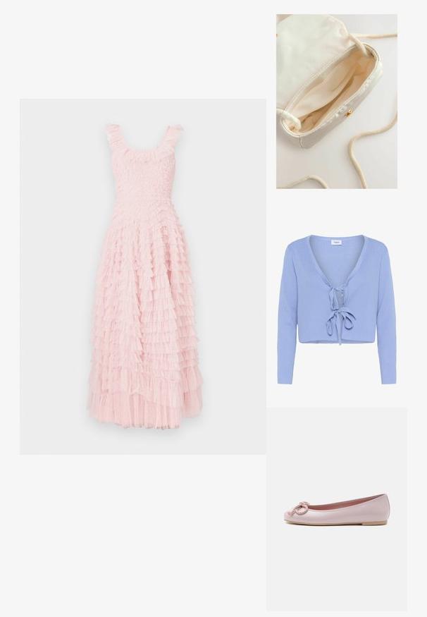 Lyseblå cropped cardigan med lange ærmer, ribbet tekstur, dyb V-hals og frontknaplukning. Mærket "Saint" er synligt ved halsudskæringen.; Lyserød kjole med flæser, tætsiddende overdel og lagdelt, tekstureret nederdel. Har rund halsudskæring og fine flæsedetaljer ved skuldrene.; Lyserød lakballerina med rundet tå, snoet snøre sløjfe foran og lav beige sål på hvid baggrund.; Lille krämfarvet crossbody taske lavet af blødt stof. Har en glat inderside, snoet snorrem og en lukning med guldtonet trykknap.
