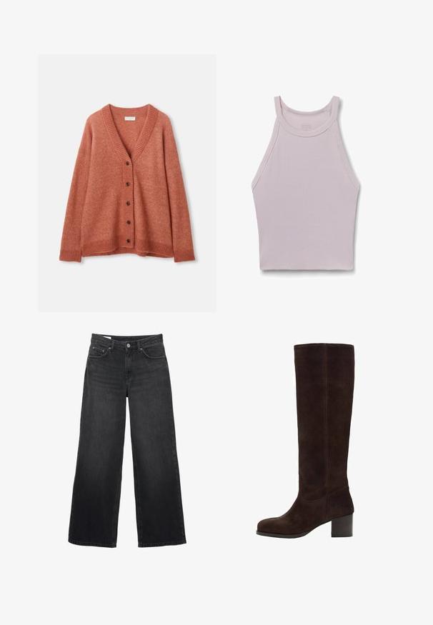 Rostrød uld cardigan med V-hals, fem mørke knapper foran, ribbede manchetter, kant og halsudskæring.; Ærmeløs ribstrikket tanktop i lys mauve med høj halsudskæring og brede ærmegab, designet til en tætsiddende pasform.; Sorte viddebukser i jeans med høj talje, lukning med forreste knap og lynlås, bæltestropper og femlommesdesign.; Brun ruskinds knæhøje støvle med firkantet snude, blokhæle og lodret syningsdetalje. Blød tekstur og glat udseende.