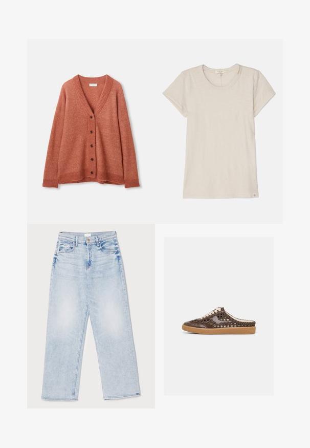 Rostrød uld cardigan med V-hals, fem mørke knapper foran, ribbede manchetter, kant og halsudskæring.; Lys beige kortærmet t-shirt lavet af blødt materiale, med rund halsudskæring og et lille logo mærke i nederste venstre hjørne.; Lysblå, højtaljede denim jeans med vidde i benene, der har fem lommer, en frontlukning med knap og en let falmet tekstur.; Brun flettet læder slip-on sneaker med hvide snørebånd og tanfarvet gummisål, vist i profil på en ensfarvet lys baggrund.
