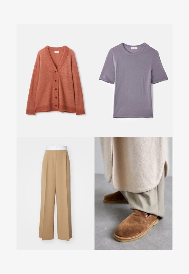 Rostrød uld cardigan med V-hals, fem mørke knapper foran, ribbede manchetter, kant og halsudskæring.; Lilla kortærmet t-shirt lavet af blødt stof, med en rund hals og en lige kant, med en glat tekstur og uden synlige mønstre.; Bredde benbukser i et lysebrunt stof med en kontrasterende hvid talje. Har rene linjer og ingen synlige mønstre eller udsmykninger.; Brune ruskinds slip-on sko med rund tå, gummisul, og detaljer med udskæring i siden, parret med lyse beige skræddersyede bukser.