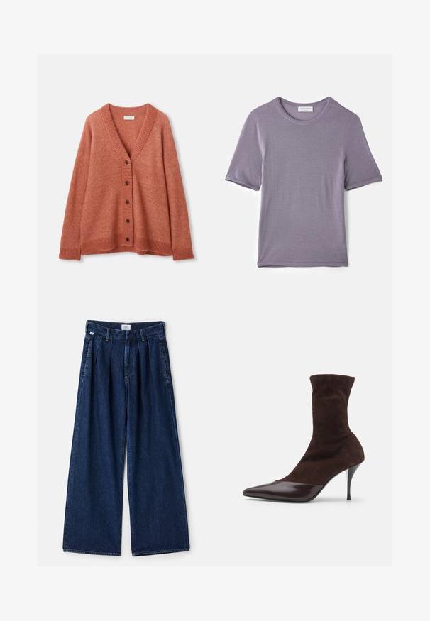 Rostrød uld cardigan med V-hals, fem mørke knapper foran, ribbede manchetter, kant og halsudskæring.; Lilla kortærmet t-shirt lavet af blødt stof, med en rund hals og en lige kant, med en glat tekstur og uden synlige mønstre.; Bredde ben blå denim bukser med folder, der har høj talje, forlommer og en tekstureret finish. Stof er tykt og slidstærkt.; Brune ruskinds ankelstøvle med spids tå og blank bordeauxlakeret tåhætte, der har en slank stilettohæl og tekstureret overdel.