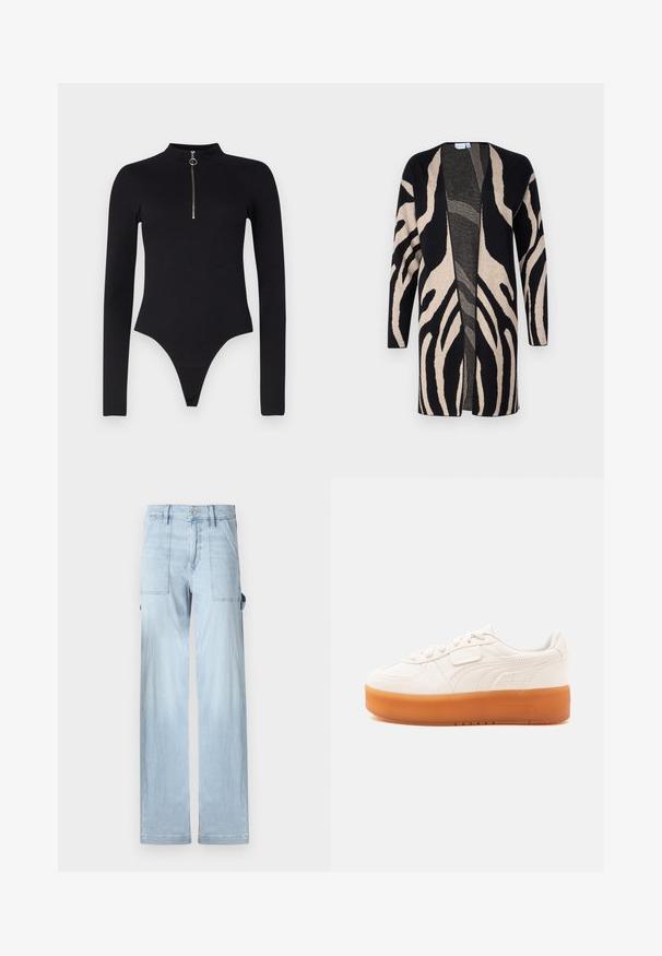 Lang cardigan lavet af blødt stof, med et sort og beige zebramønster. Åben frontdesign, med lange ærmer og en afslappet pasform.; Noisy May NMTONI BODY - Langærmet T-shirt - black; Lyseblå denim cargo bukser med et lige ben-design, forlommer og sidelommer. Stoffet har en subtil falmet tekstur.; Hvid lavtop-sneaker med snøre- og velcrolukning, med en tyk lys brun sål og subtile sidesømme.