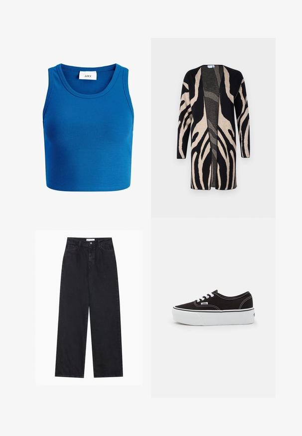 Lang jack van zacht materiaal, met een zwart en beige zebrapatroon. Ontwerp met open voorkant, lange mouwen en een relaxte pasvorm.; Blauwe geribde crop top met brede halslijn, zonder mouwen ontwerp, en een label met de tekst "JJXX" in het midden van de halslijn.; Zwarte high-waisted spijkerbroek met wijde pijpen, frontknopen en ritssluiting, ceintuurlussen en een vijf-pocket stijl.; Zwarte canvas sneaker met een witte rubberen platformzool, voorzien van witte veters en stiksels, iconische branding op de zijkant, low-top ontwerp.