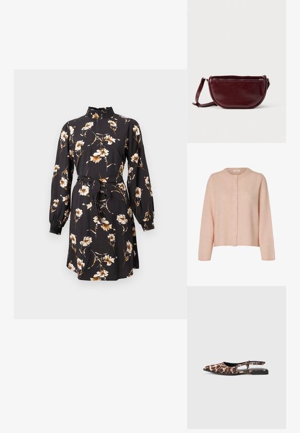 Cárdigan de manga larga rosa claro con escote redondo y seis botones delanteros, hecho de tejido de punto suave.; Vestido negro con estampado floral en beige y dorado. Presenta un cuello alto fruncido, mangas largas y una cintura con lazo para dar forma.; Zapato plano slingback con estampado de leopardo, punta afilada, lados abiertos y pequeño tacón negro. El material parece suave con un ligero brillo.; Bolso de mano de cuero granate con forma de media luna, cierre de cremallera y una correa desmontable. Textura suave con un brillo sutil.
