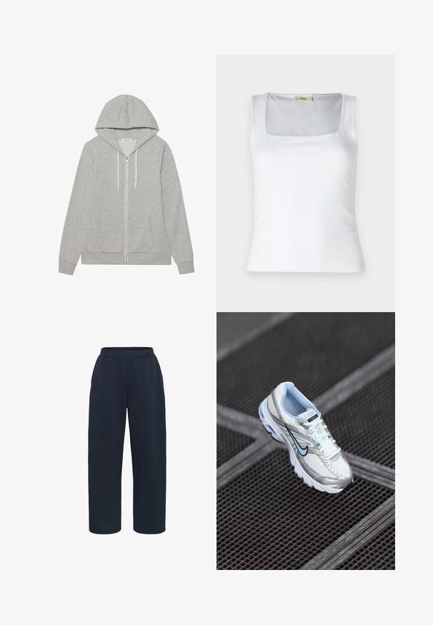 Hallide hallia tõmblukuga kapuutsiga, millel on suured kapuuts ja sahtliked. Pehmed, tekstuuriga kangad, stiilne ja mugav disain.; Valge ruudukujulise kaelusega tank top, mis on valmistatud siledast kangast. Omab laiad rihmad ja istuvat siluetti. Pole nähtavaid mustreid ega kaunistusi.; Kaffe KASIF - Dresside alumine osa - midnight marine; Valge võrkmaterjalist sportlik king, millel on hõbedased aktsendid, helesinine õmblus ja must swoosh logo. Omab pehmendustega krae ja tekstuurset tallat.