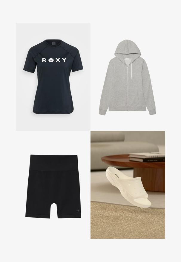Haut à capuche gris zippé avec une grande capuche, des cordons de serrage, deux poches avant et des poignets côtelés. Tissu doux et texturé, design décontracté.; Rash guard noir à manches courtes en matière extensible, avec un logo "ROXY" blanc sur le devant et un design à col rond.; Shorts de sport noirs avec une large ceinture élastique, fabriqués dans un tissu lisse et extensible. Comprend un petit logo en bas à droite.; Sandale sabot blanche slip-on avec des trous de ventilation, semelle épaisse, placée près d'une table basse en bois avec des livres dans un salon.