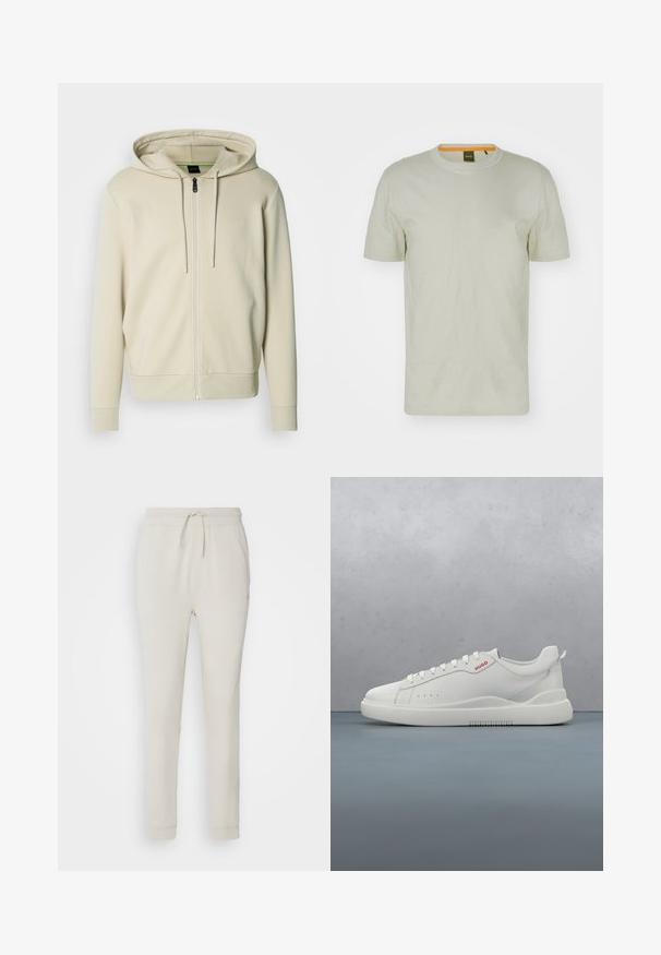 Sudadera con cremallera color beige claro, capucha con cordón ajustable, puños y dobladillo acanalados, con un logo minimalista en el pecho. Textura de tela suave.; Camiseta de manga corta verde claro hecha de un tejido suave, con cuello redondo y un logo sutil en el frente. Diseño simple con un mínimo de detalles.; Pantalones deportivos de color beige claro, hechos de una suave tela texturizada. Cuentan con una cinturilla con cordón, puños acanalados y bolsillos laterales. Ajuste entallado.; Zapatilla blanca con un acabado de cuero liso, punta redonda, cuatro ojales, perforaciones sutiles y un detalle de logo rojo en el lateral.