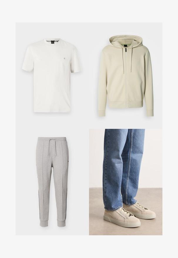 Hellbeiger Kapuzenpullover mit Reißverschluss, Kordelzug an der Kapuze, gerippten Bündchen und Saum, mit einem minimalistischen Logo auf der Brust. Glatte Stoffstruktur.; Weißes Baumwoll-T-Shirt mit rundem Halsausschnitt, kurzen Ärmeln und einem kleinen Logo-Patch auf der linken Brust. Glatte Textur, normale Passform.; Hellgraue, verjüngte Jogginghosen mit elastischem Bund, Kordelzug, Seitentaschen, vertikalen Nähten und gerippten Bündchen an den Knöcheln.; BOSS GARYTENN_SDHDEL - Sneaker low - natural ten