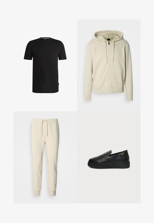 Sudadera con cremallera color beige claro, capucha con cordón ajustable, puños y dobladillo acanalados, con un logo minimalista en el pecho. Textura de tela suave.; Camiseta corta negra de algodón suave con cuello redondo. Presenta una sutil etiqueta de la marca en el lado izquierdo cerca del dobladillo.; Pantalones deportivos de color crema con cintura ajustable con cordón, piernas estrechas y puños acanalados. Hechos de tela suave y texturizada. Sin patrones ni adornos.; Zapato de cuero negro tipo slip-on con suela gruesa y pequeños orificios de ventilación laterales, con el logo dorado de "HUGO" cerca del talón.