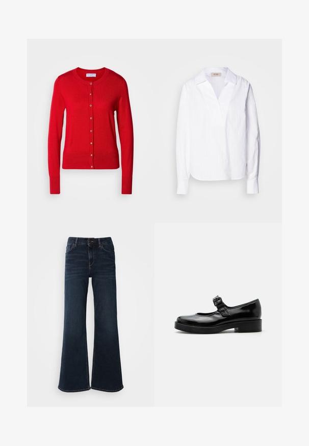 Cárdigan de punto rojo con cuello redondo, cierre frontal de botones y puños acanalados. Presenta una textura suave y acentos de botones metálicos.; Camisa blanca de manga larga hecha de una tela ligera texturizada, con escote en V, cuello oversized y sutiles rayas verticales.; Mos Mosh HERA - Vaqueros a campana - dark blue; Zapato Mary Jane de charol negro con punta redondeada, tacón bajo de bloque y una correa ajustable con hebilla sobre el empeine.
