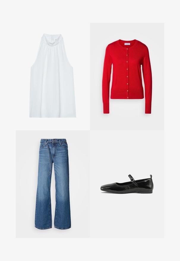 Cardigan en tricot rouge avec un col rond, fermeture à boutons sur le devant et poignets côtelés. Caractérisé par une texture lisse et des accents de boutons métalliques.; Haut sans manches blanc avec un col montant, en tissu doux, présentant des détails froncés au niveau du col et une fermeture éclair dissimulée à l'arrière.; Jean large bleu clair en denim. Présente une taille haute, des coutures visibles et une ceinture à nouer. Texture décolorée vers le bas.; Chaussure plate en cuir verni noir avec un bout pointu, une sangle de cheville avec boucles, et une texture lisse et brillante. Talon bas pour le confort.