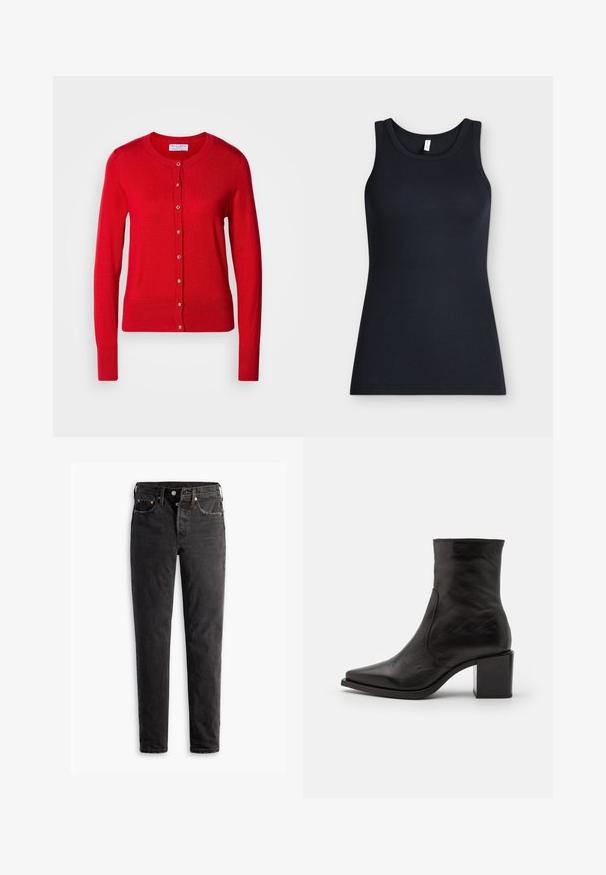Rød strikket cardigan med rund halsudskæring, knaplukning foran og ribbede manchetter. Har en glat tekstur og metalliske knapdetaljer.; Sort ærmeløs ribstrikket tanktop med rund halsudskæring, vist fladt mod en lys baggrund.; Sorte denim jeans med lige ben, der har fem lommer, kobberhardware og en let slidte måde.; Sort læder ankelstøvle med firkantet tå og blokhæl. Designet har en glat overflade og minimale syninger.