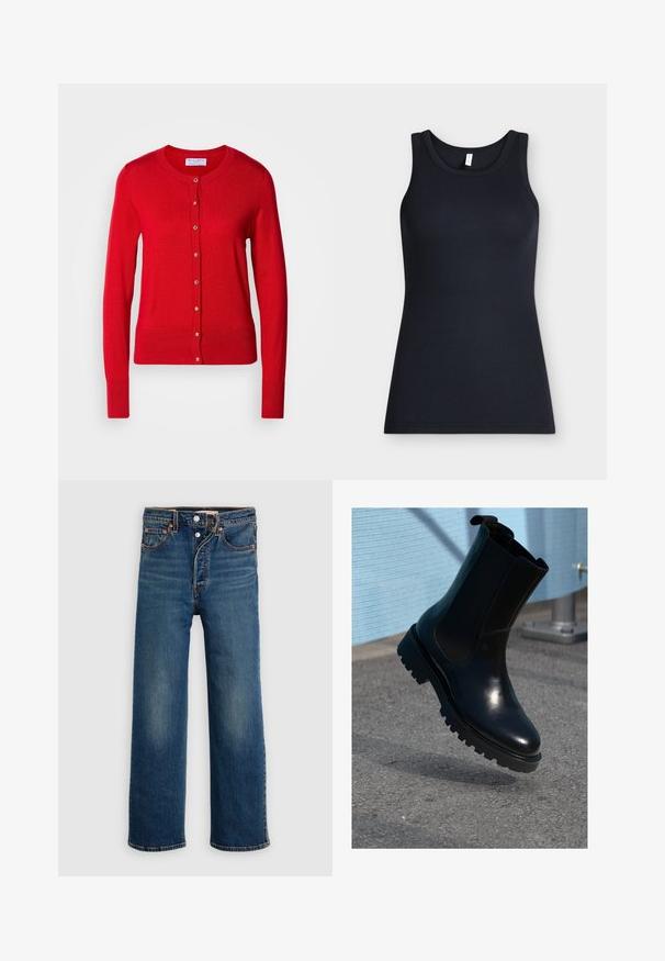 Rød strikket cardigan med rund halsudskæring, knaplukning foran og ribbede manchetter. Har en glat tekstur og metalliske knapdetaljer.; Sort ærmeløs ribstrikket tanktop med rund halsudskæring, vist fladt mod en lys baggrund.; Mørkeblå denimjeans med afslappet pasform. Features med fem lommer, knappelukning og diskret falmen på lårene.; Sort ankelstøvle i læder med elastiske sidepaneler, rund tå og en tyk, tekstureret sål. Glat finish med et minimalistisk design.