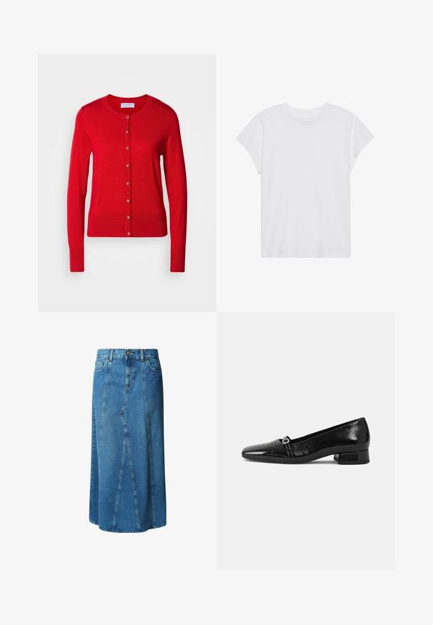 Rød strikket cardigan med rund halsudskæring, knaplukning foran og ribbede manchetter. Har en glat tekstur og metalliske knapdetaljer.; Hvid kortærmet t-shirt med rund hals, afslappet pasform, lavet af blødt bomuldsstof. Glat tekstur, ingen mønstre eller logoer.; Lys blå denimnederdel i knælængde med en tætsiddende talje, knaplukning og frontlommer; har en paneleret design og rå kant.; Sorte patentlæder balletflade med spids tå, lav firkantet hæl og en lille metallisk spænde detalje på remmen. Glat tekstur.
