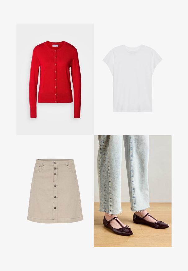 Rød strikket cardigan med rund halsudskæring, knaplukning foran og ribbede manchetter. Har en glat tekstur og metalliske knapdetaljer.; Hvid kortærmet t-shirt med rund hals, afslappet pasform, lavet af blødt bomuldsstof. Glat tekstur, ingen mønstre eller logoer.; Beige stribet denim nederdel med en flagrende form, der har en lukning med knapper foran, to sidelommer og subtile syninger.; Blanke bordeauxrøde balletflade sko med T-rem, der har en sløjfedetalje ved tåen. Kombination med cropped lyseblå denimjeans.