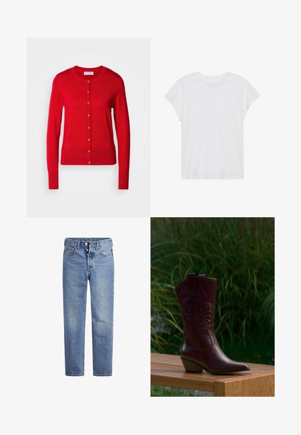 Cardigan en tricot rouge avec un col rond, fermeture à boutons sur le devant et poignets côtelés. Caractérisé par une texture lisse et des accents de boutons métalliques.; T-shirt blanc à manches courtes, col rond, coupe décontractée, en tissu de coton doux. Texture lisse, sans motifs ni logos.; Jeans en denim bleu clair avec une coupe droite, un design à cinq poches et un bouton pression. Présentent une légère décoloration et des coutures orange en accent.; Botte de cowboy en cuir brun foncé avec des motifs brodés, un talon bas incliné et des languettes, posée sur un banc en bois avec un fond de plantes vertes.