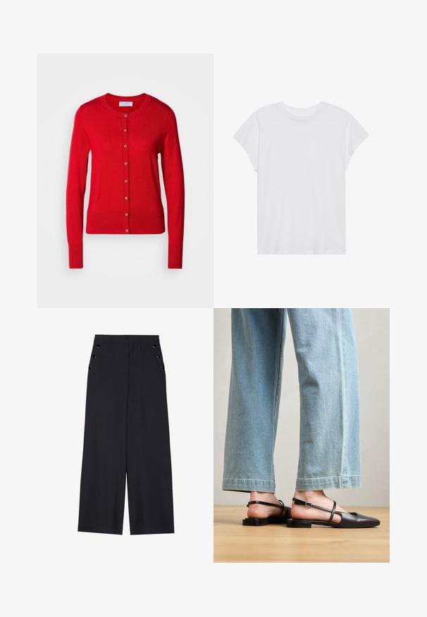 Cardigan en tricot rouge avec un col rond, fermeture à boutons sur le devant et poignets côtelés. Caractérisé par une texture lisse et des accents de boutons métalliques.; T-shirt blanc à manches courtes, col rond, coupe décontractée, en tissu de coton doux. Texture lisse, sans motifs ni logos.; Pantalons ample en tissu bleu marine foncé, avec une texture lisse, des plis avant et des œillets décoratifs en ton doré sur les poches latérales.; Chaussures slingback en cuir noir avec un bout pointu, un talon plat et une bride à la cheville ; portées avec un jean large bleu clair.