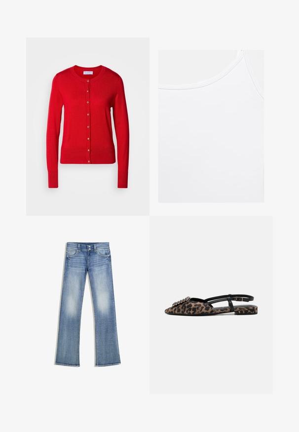 Rød strikket cardigan med rund halsudskæring, knaplukning foran og ribbede manchetter. Har en glat tekstur og metalliske knapdetaljer.; Simpel hvid tanktop med rund halsudskæring og synlige syninger langs kanterne.; Lyseblå bootcut-jeans med falmet vask, fem lommer, bæltestropper og lukning med dobbelte knapper, lagt fladt ud på en hvid baggrund.; Slyngelback flade sko i leopardprint med spids tå, sorte accenter og dekorative udsmykninger på forfoden; stofoverdel og lav hæl.