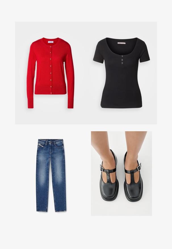 Cardigan en tricot rouge avec un col rond, fermeture à boutons sur le devant et poignets côtelés. Caractérisé par une texture lisse et des accents de boutons métalliques.; T-shirt noir à côtes avec des manches courtes et un décolleté large en scoop. Présente trois accents de boutons argentés à l'avant. Texture douce.; Jean en denim bleu moyen avec une finition délavée. Comprend cinq poches, des passants de ceinture et une coupe droite. Les accents de broderie sont visibles.; Chaussures en cuir noir avec un design à bride en T, bout fermé et accents de boucles argentées. Texture lisse avec un bout arrondi et une semelle plate.
