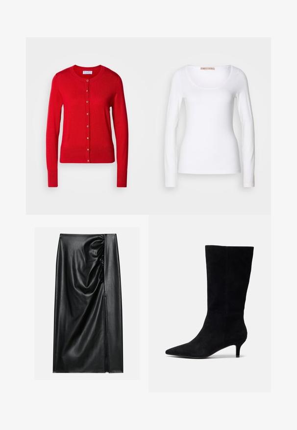 Rød strikket cardigan med rund halsudskæring, knaplukning foran og ribbede manchetter. Har en glat tekstur og metalliske knapdetaljer.; Langærmet hvid bomulds T-shirt med rund halsudskæring og tætsiddende design, med glat tekstur og uden udsmykninger.; Sort læderskirt med en glat overflade, der har en indsamlet sektion på den ene side og en skråning på siden for ekstra detaljer.; Sorte ruskindsankelstøvler med spids tå, slank hæl og glat tekstur, der har en tætsiddende silhuet og ingen synlig hardware.